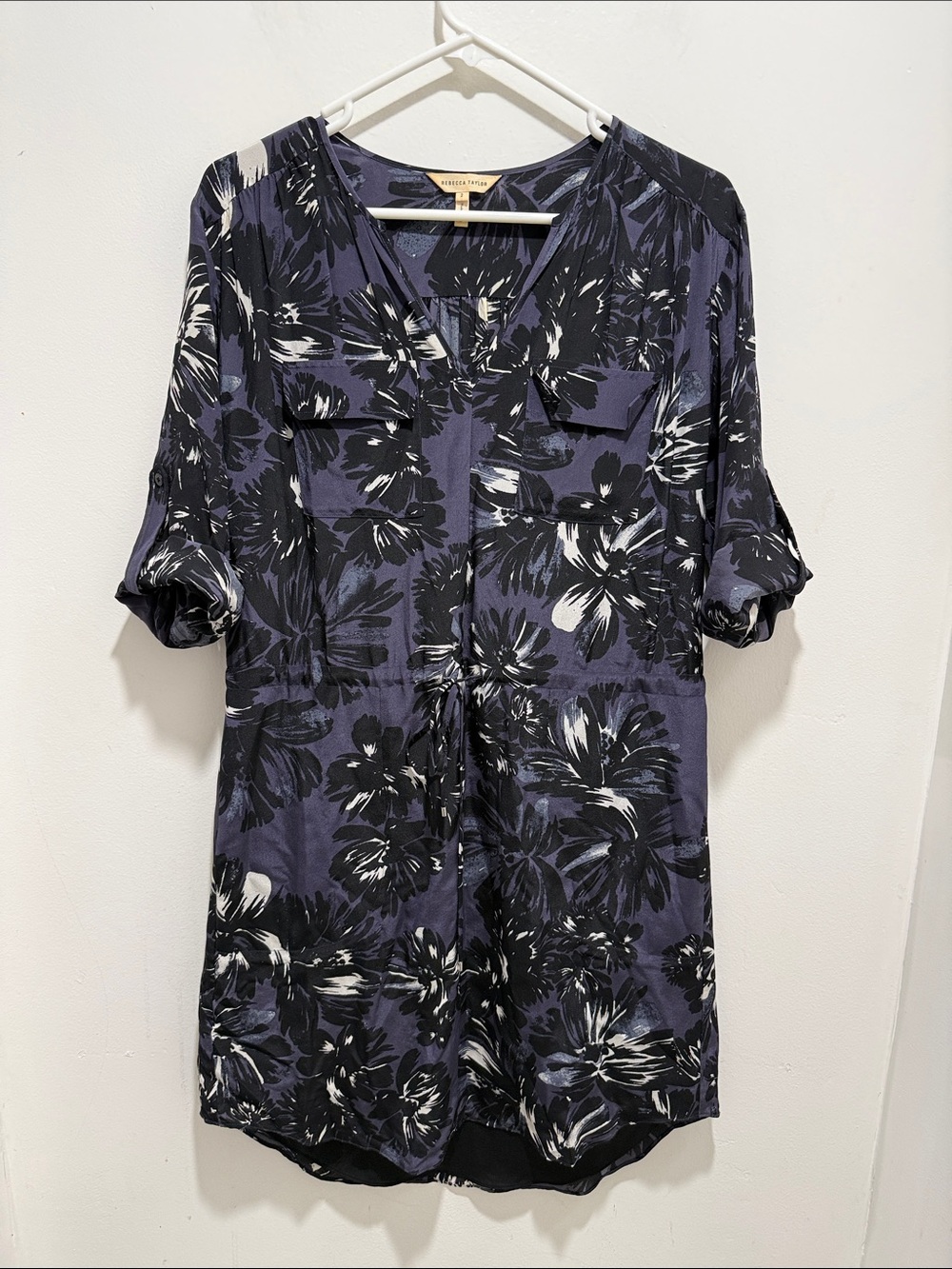 Rebecca Taylor Silk Floral Shirt Dress Women’s Blue Purple Roll Tab Runs large